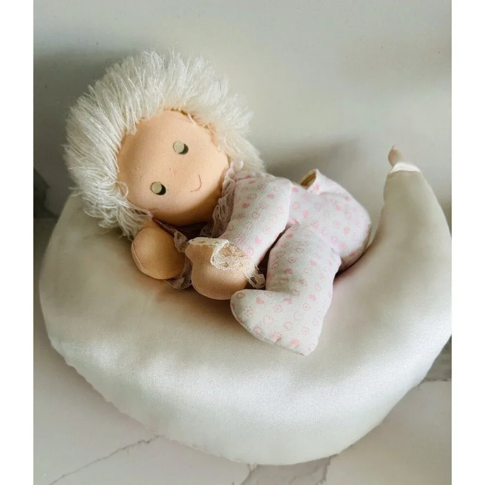 Vintage 80s RUSS BERRIE Girl Sleeping Pink Moon Plush Baby Child Toy Doll Decor